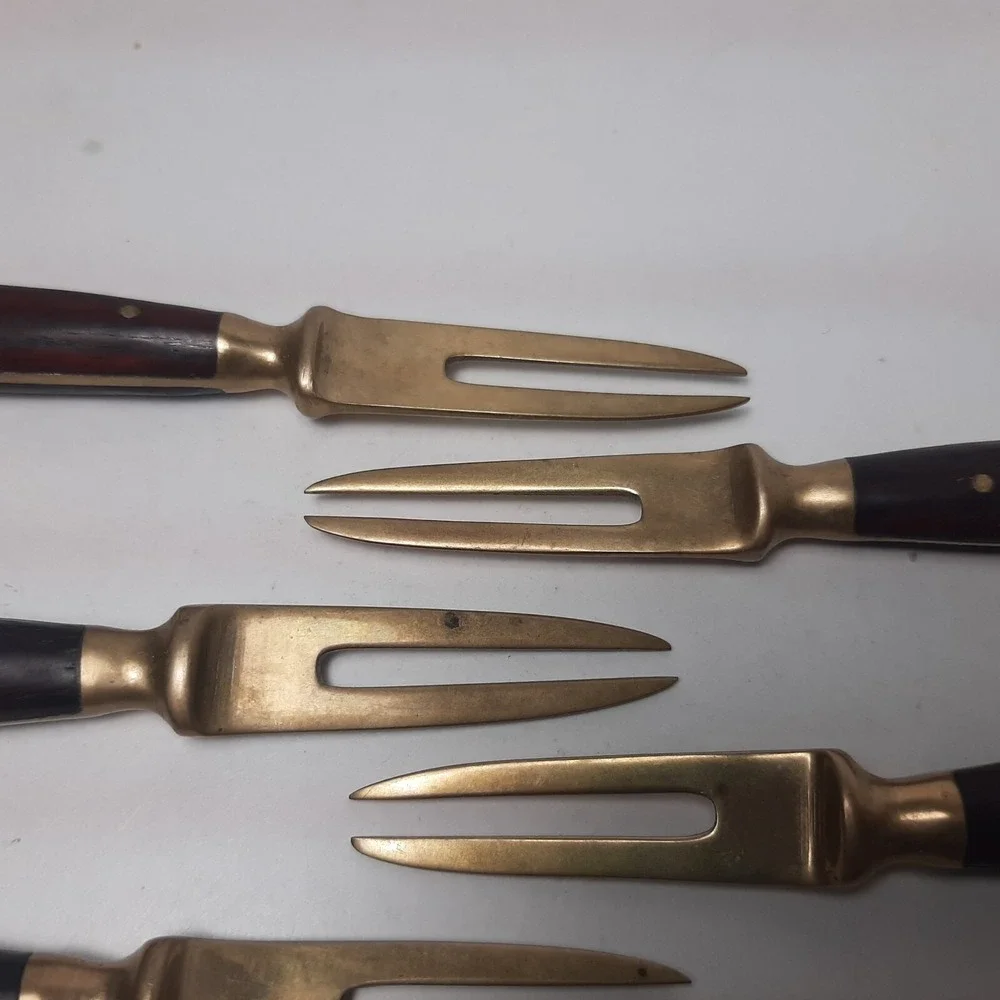 7 Vintage Brass Appetizer Cocktail Seafood Forks Skewers Wood Handles 3.5